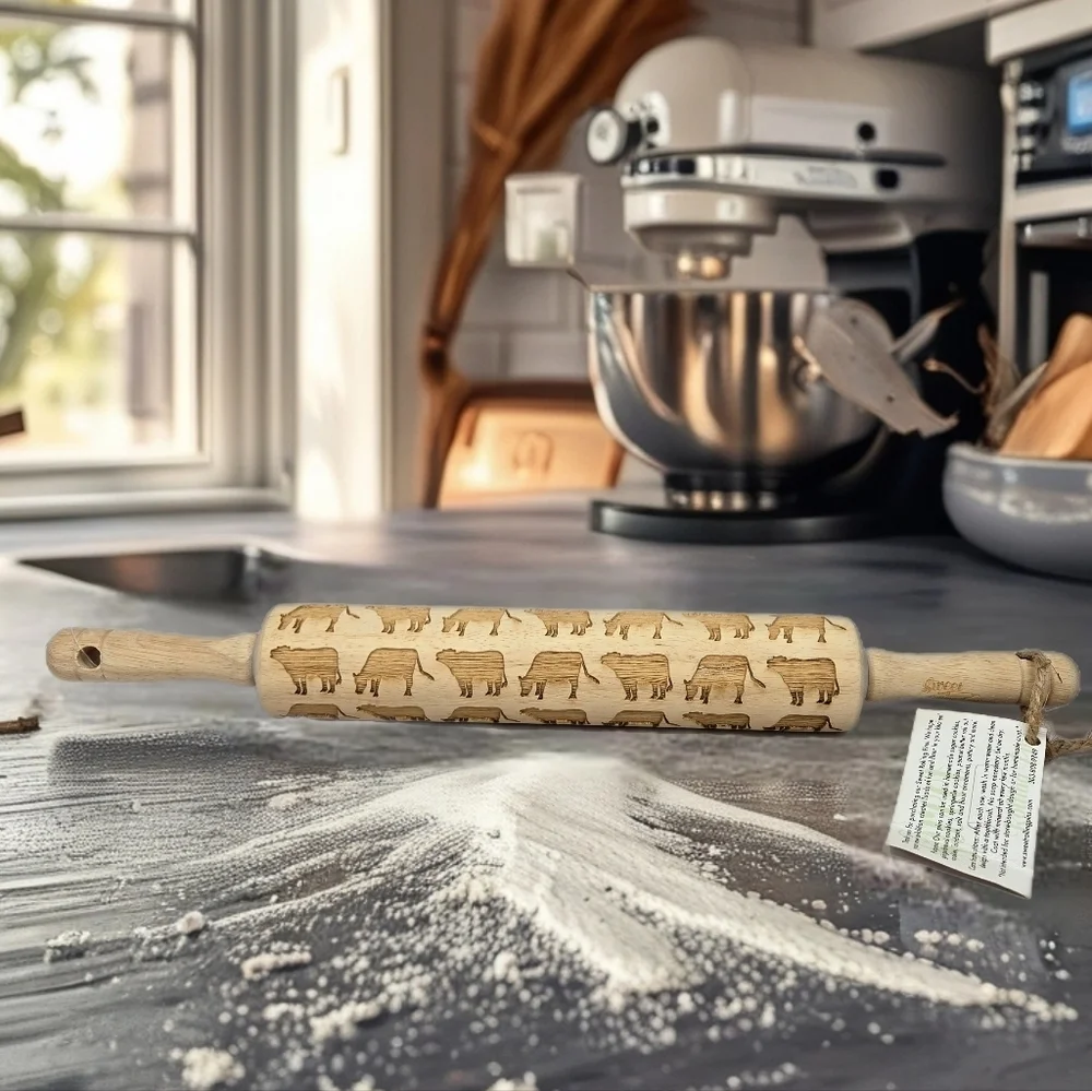 Sweet Rolling Pins Wooden Engraved Cows Shapes Imprints Cow Design Into Dough